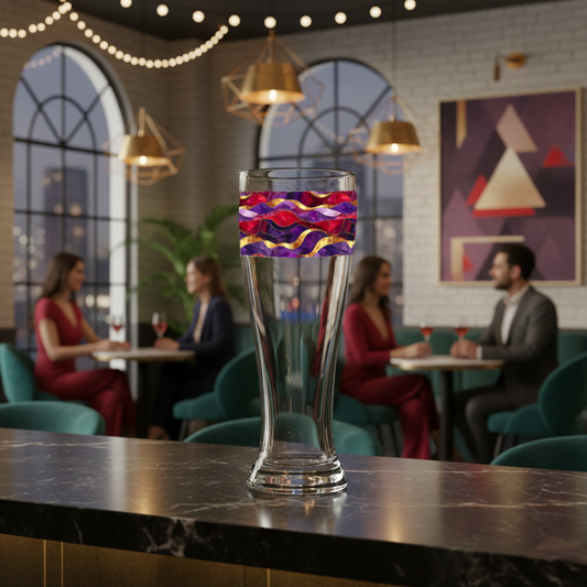 Fluid Marble pilsner glass with a purple, red, and gold design sitting on a marble table in a modern living room with large window and abstract painting