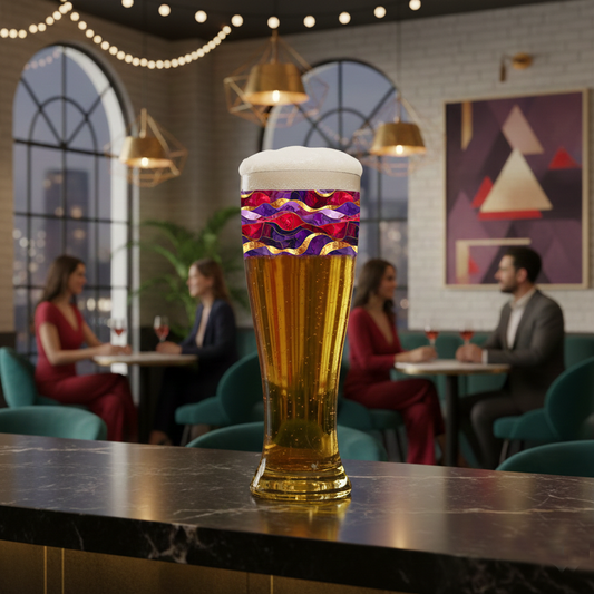 Fluid Marble pilsner glass with a purple, red, and gold design filled with beer and sitting on a marble table in a modern living room