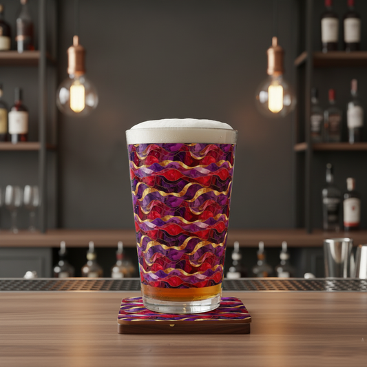 Fluid Marble pint glass with purple and gold design filled with beer and a foam head on a bar counter with bottles in the background.