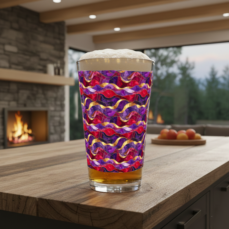 Fluid Marble pint glass with purple and gold design filled with beer and a foam head on a wood table wtih grapes, and a fireplace and large window with view of a lot of outdoor trees.