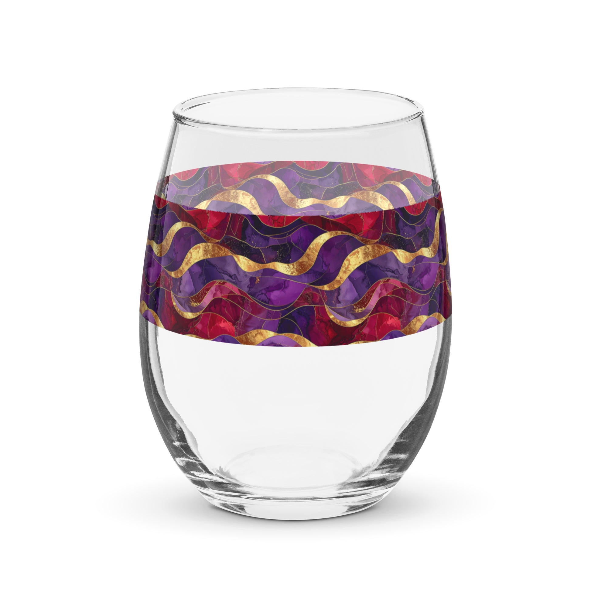 Fluid Marble stemless wine glass with a purple and gold design on a white background.