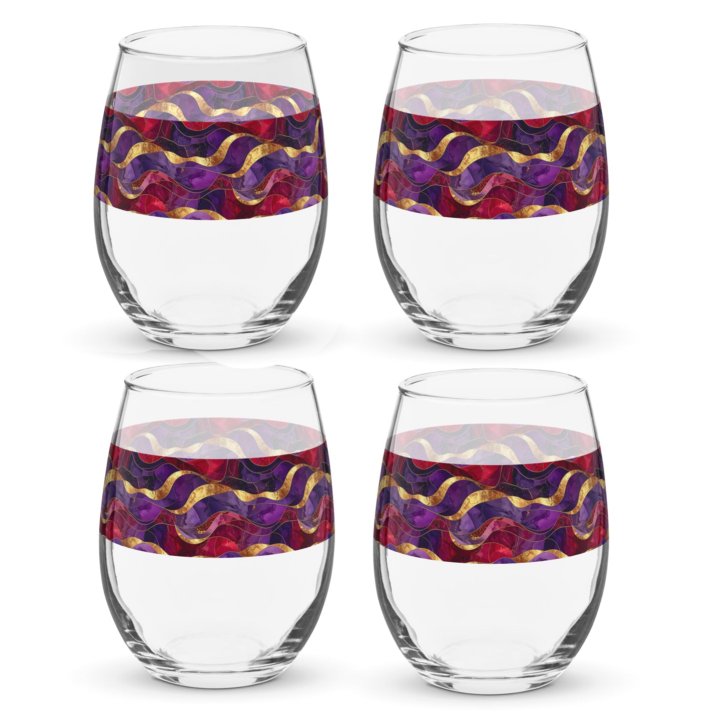 Four clear stemless wine glasses with purple and gold colorful pattern on a white background