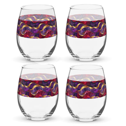 Four clear stemless wine glasses with purple and gold colorful pattern on a white background
