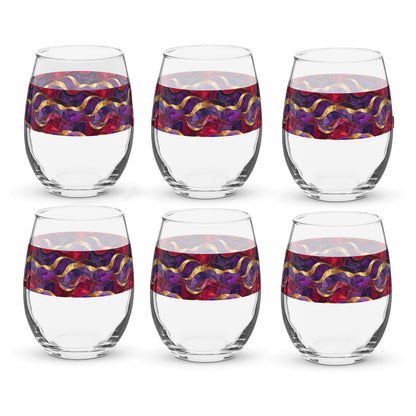 Set of six stemless wine glasses with purple and gold colorful band designs on a white background
