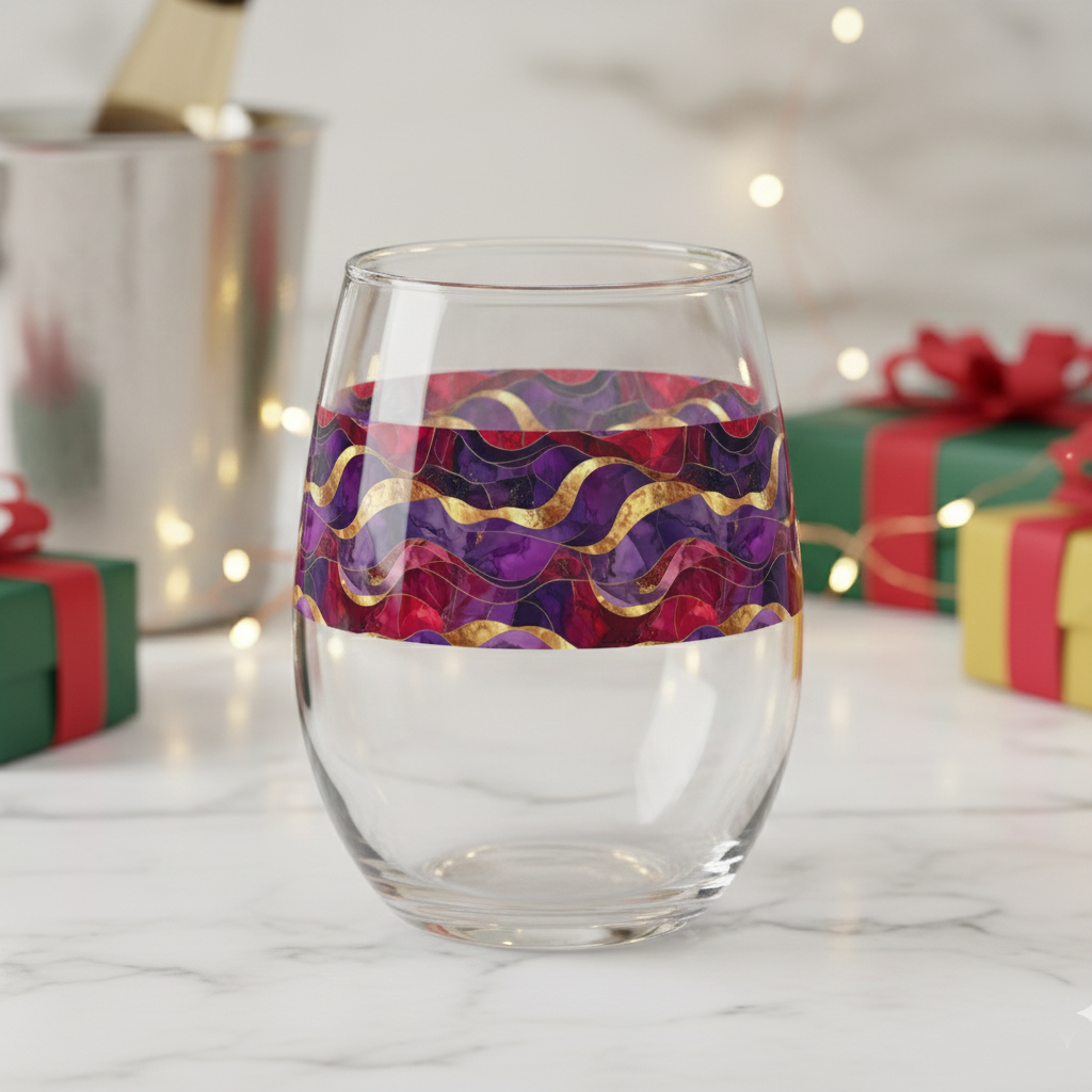 Fluid Marble stemless wine glass with purple and gold design on a white surface with holiday gift boxes in the background.