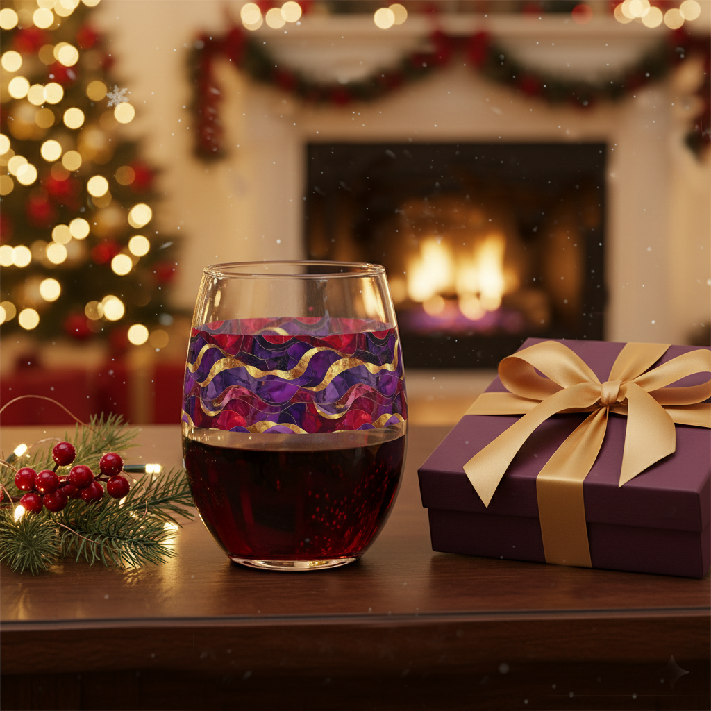 Fluid Marble stemless wine glass filled with red wine and a purple and gold design beside a wrapped gift with a Christmas tree and fireplace in the background.