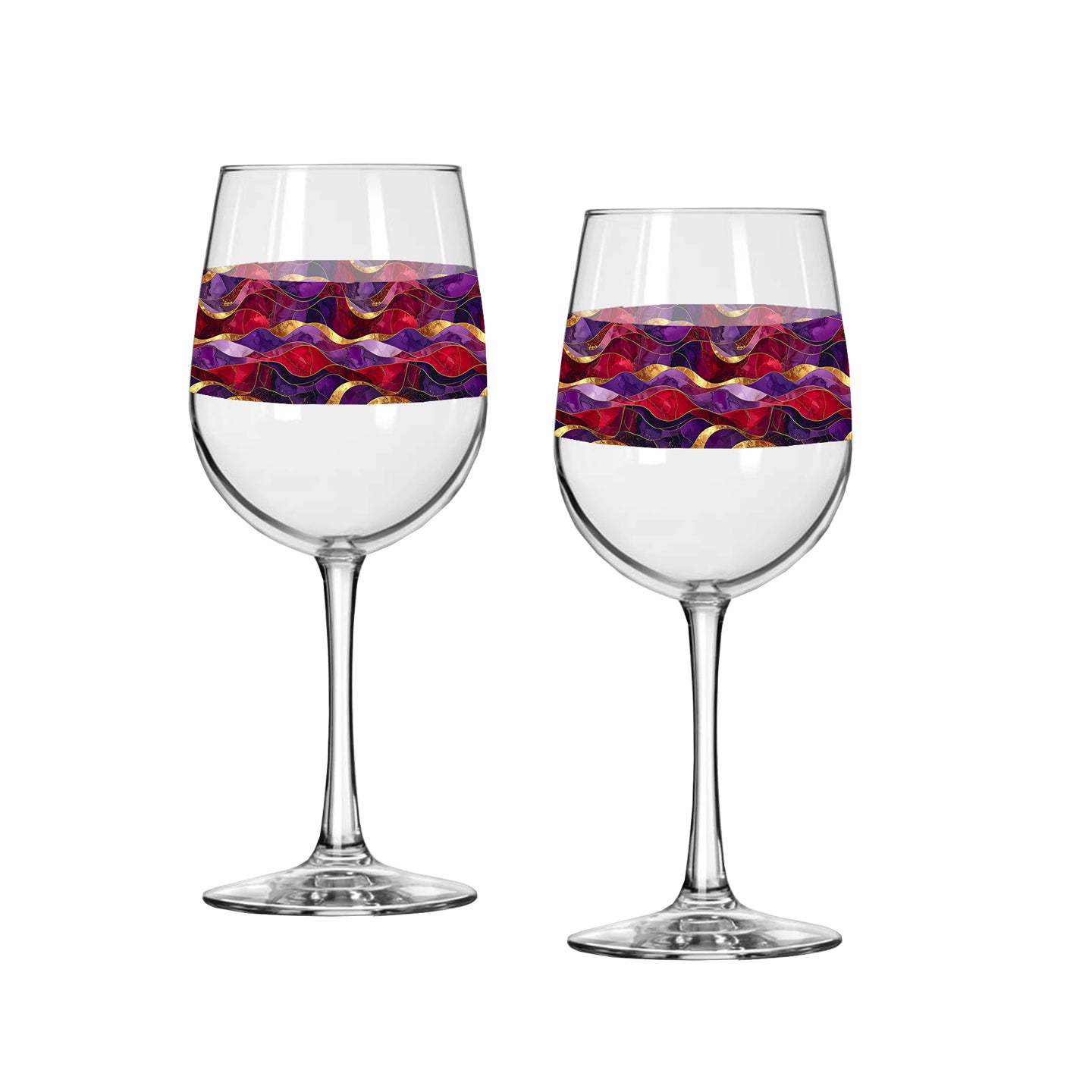 Two wine glasses with purple and gold wavy design on a white background