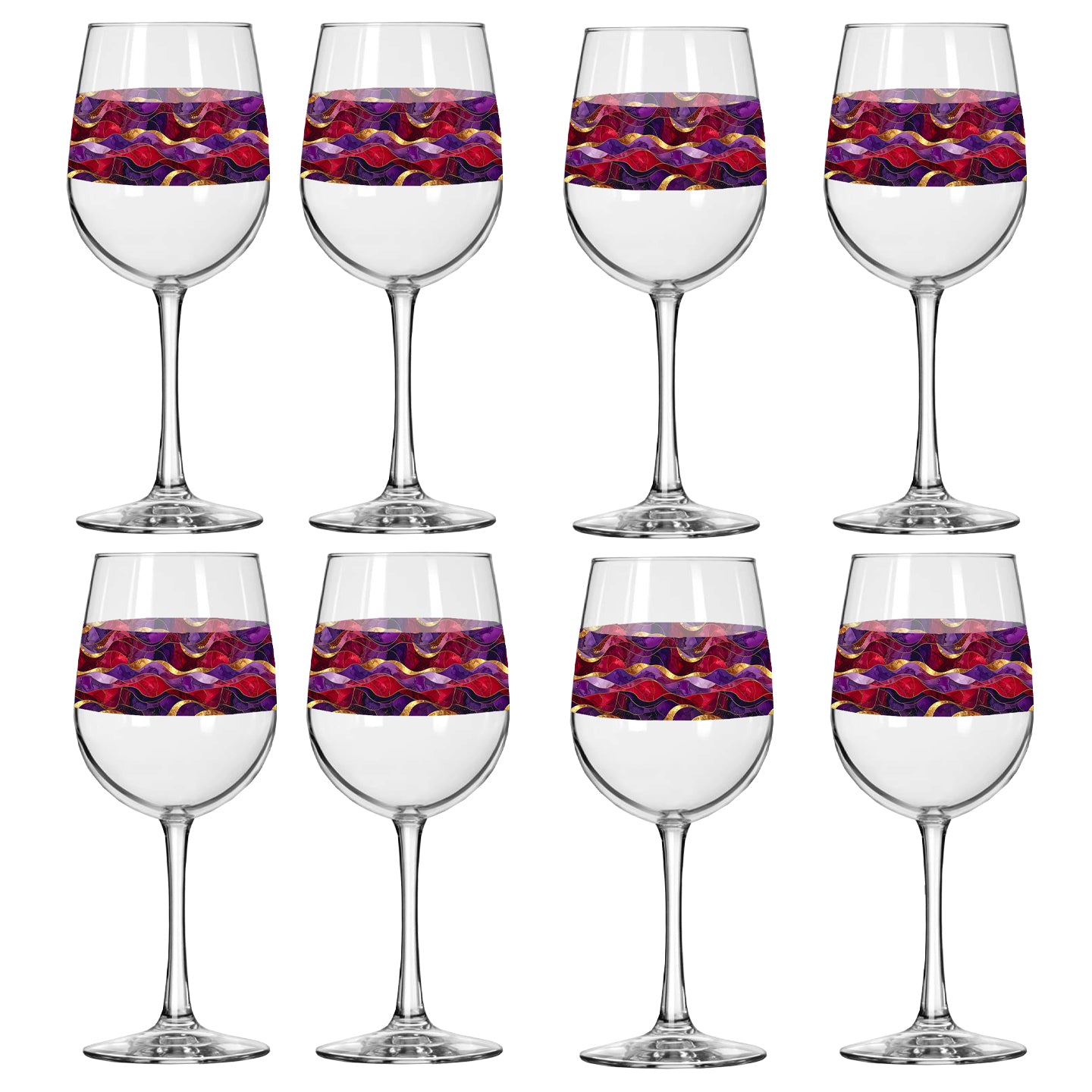 Set of eight wine glasses with purple and gold wavy design on a white background