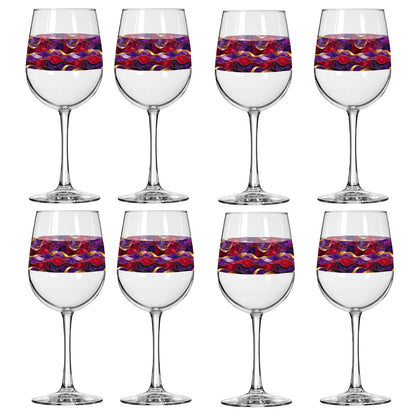 Set of eight wine glasses with purple and gold wavy design on a white background