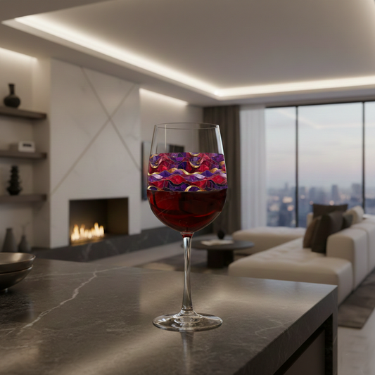 Fluid Marble tall wine glass with a purple and gold pattern, filled with  red wine, and  on a wood surface with fireplace, sectional, and city views in the background