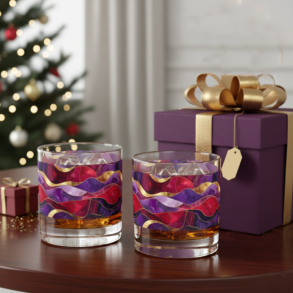 Two Fluid Marble rocks glasses with purple and gold design on a table with a gift box and Christmas tree in the background.