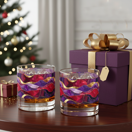 Two Fluid Marble rocks glasses with purple and gold design on a table with a gift box and Christmas tree in the background.