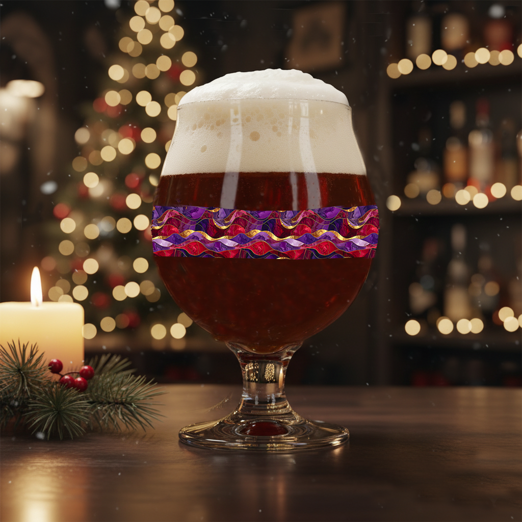 Fluid Marble Belgian glass of dark beer with a purple and gold wavy design on a festive background with lights and a candle.