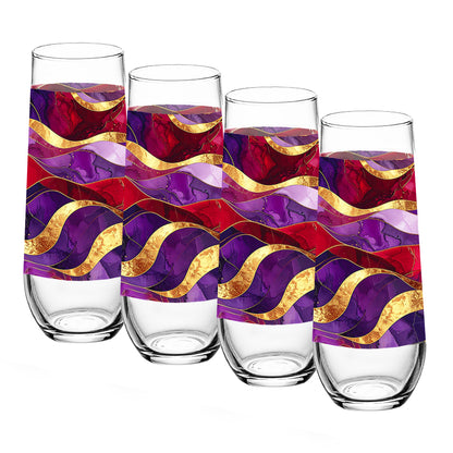 Set of four stemless wine glasses with colorful wavy pattern on a white background