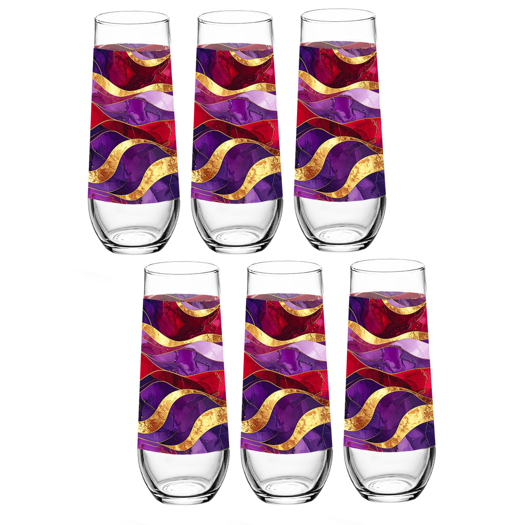 Set of six glass tumblers with colorful wave pattern on a white background