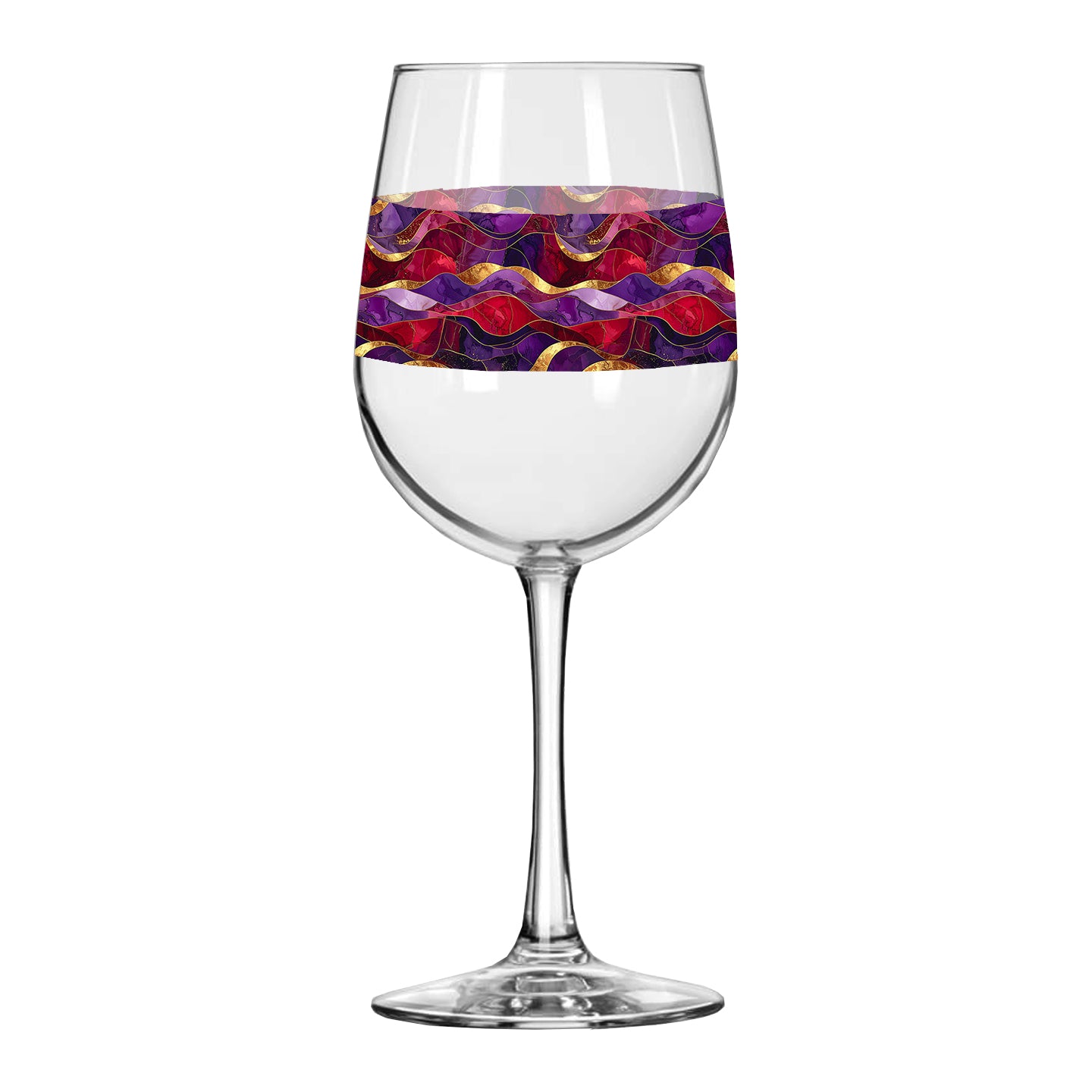 tall wine glass with a purple and gold colorful wavy design on a white background