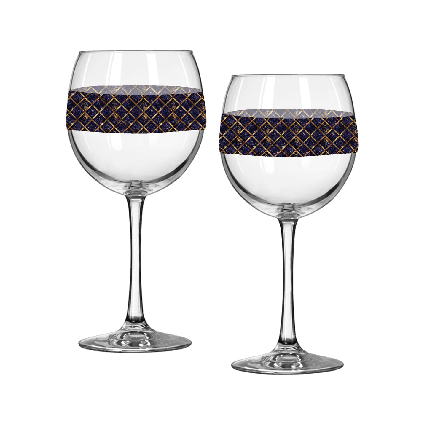Two balloon wine glasses with sapphire and gold wrap design on a white background