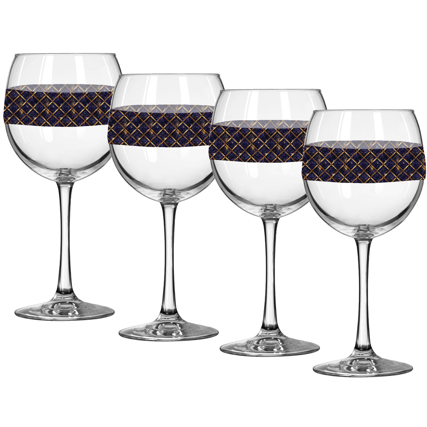 Set of four balloon wine glasses with sapphire and gold wrap design on a white background