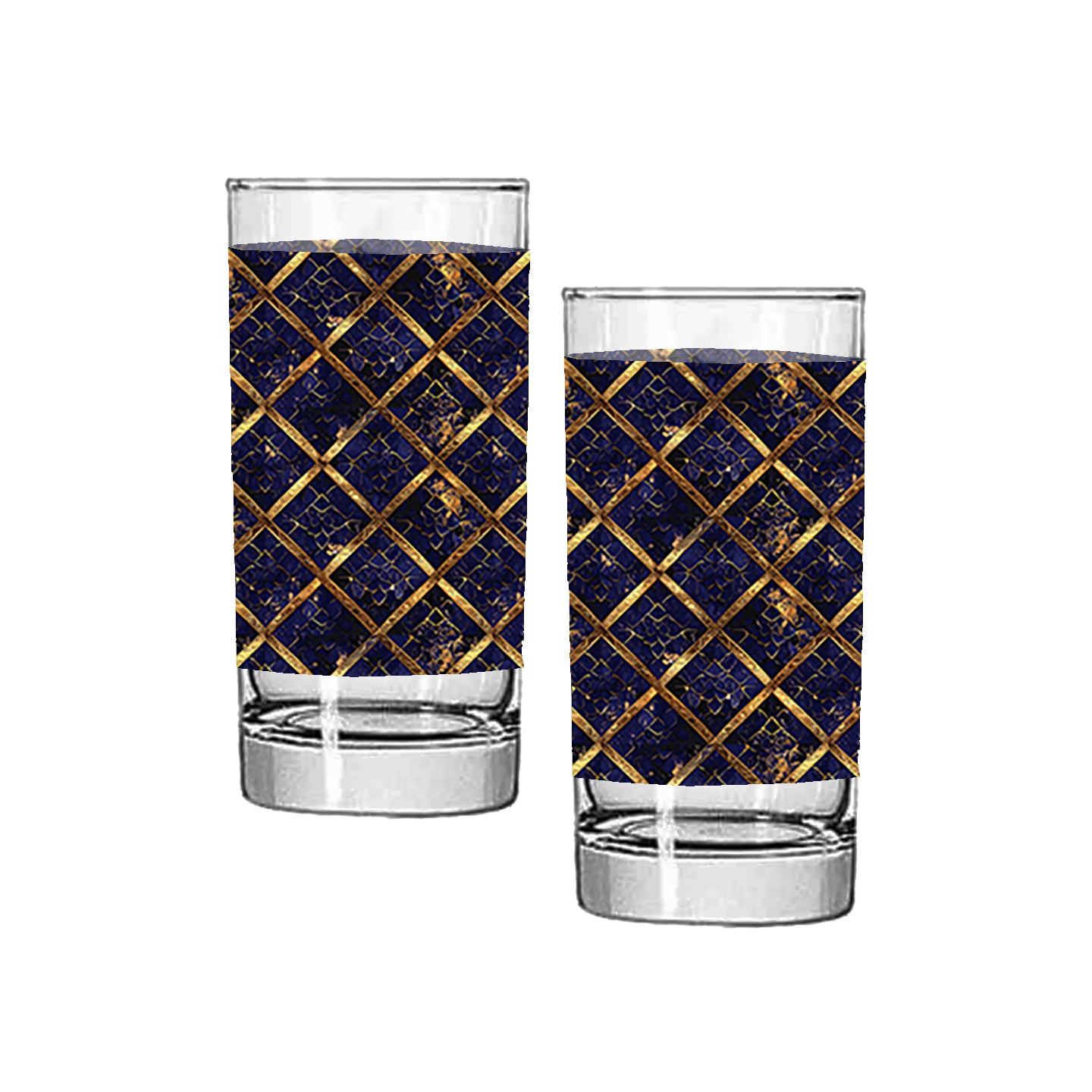 Two highball glasses with sapphire and gold wrap design on a white background