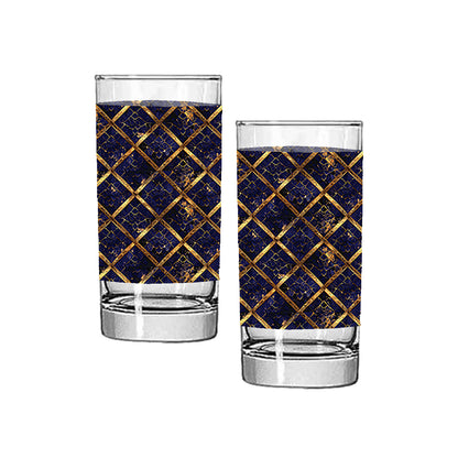 Two highball glasses with sapphire and gold wrap design on a white background