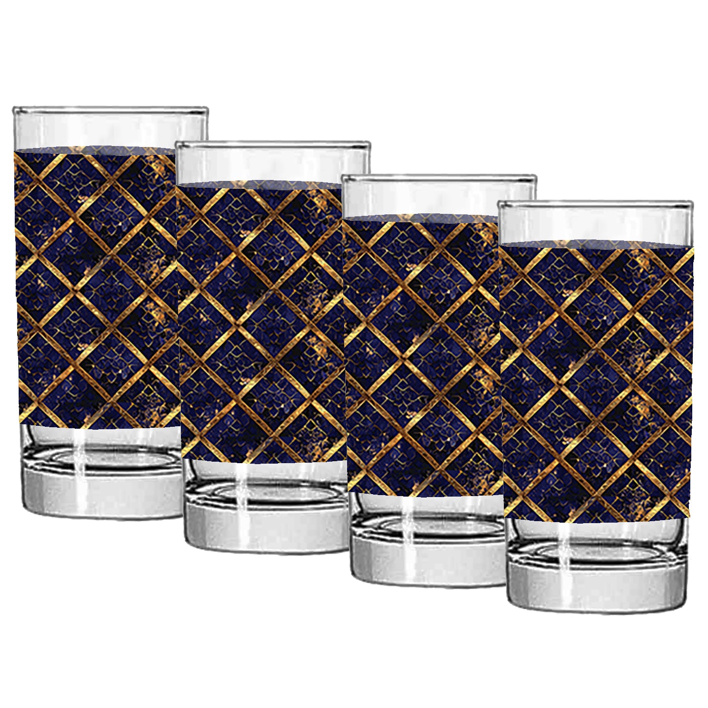 Set of four highball glasses with sapphire and gold wrap design on a white background