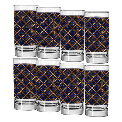 Set of eight highball glasses with sapphire and gold wrap design on a white background
