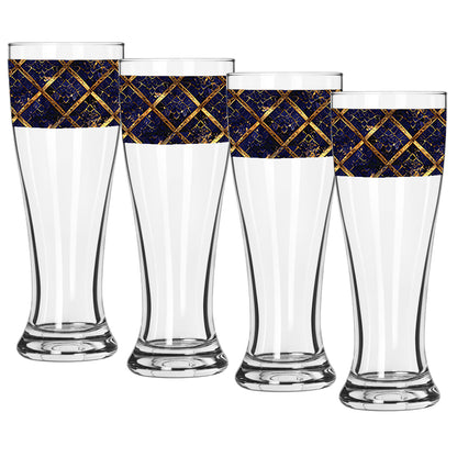 Four pilsner beer glasses with sapphire and gold wrap design on a white background