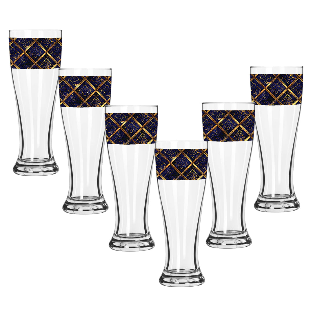 Set of six pilsner beer glasses with sapphire and gold wrap design on a white background