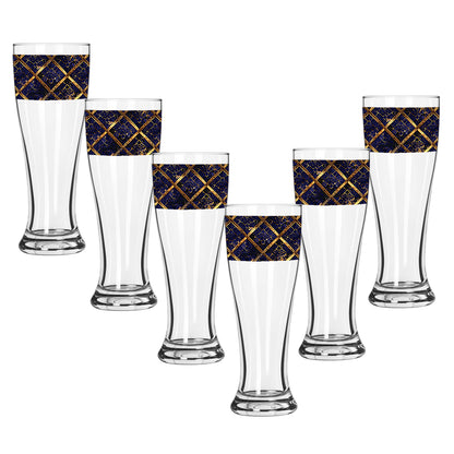 Set of six pilsner beer glasses with sapphire and gold wrap design on a white background