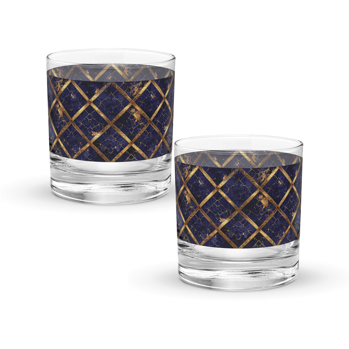 Two rocks glass with sapphire and gold wrap design on a white background