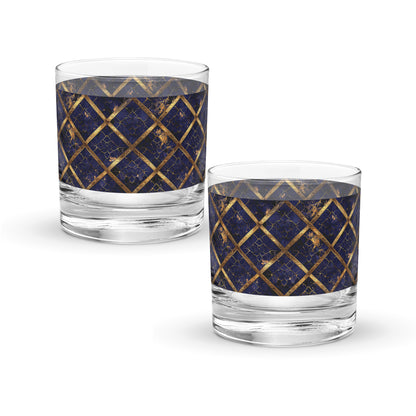 Two rocks glass with sapphire and gold wrap design on a white background