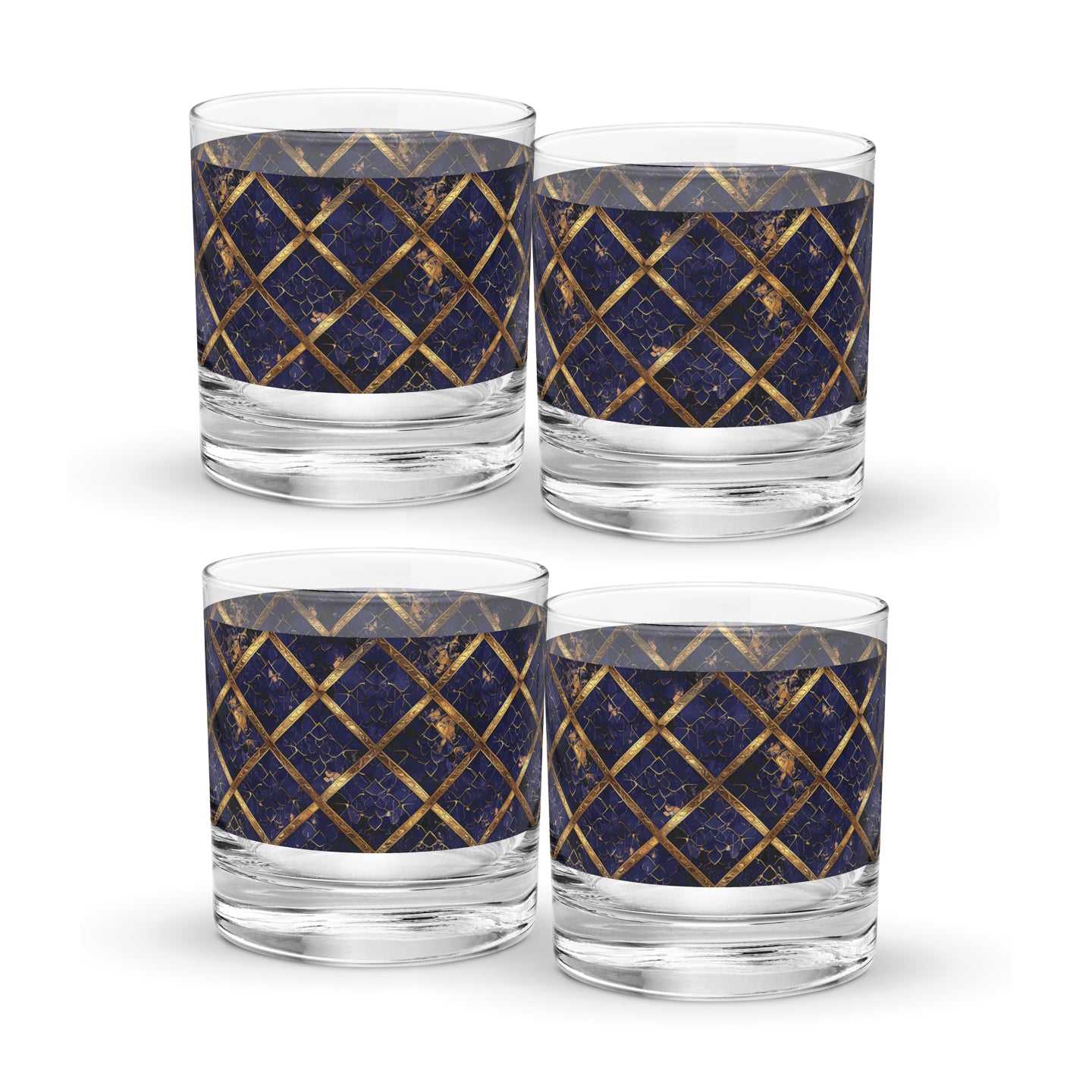 Four  rock glasses with sapphire and gold wrap design on a white background