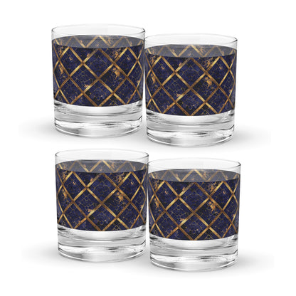Four  rock glasses with sapphire and gold wrap design on a white background
