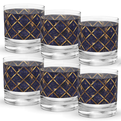 Set of six rock glasses with sapphire and gold design on a white background