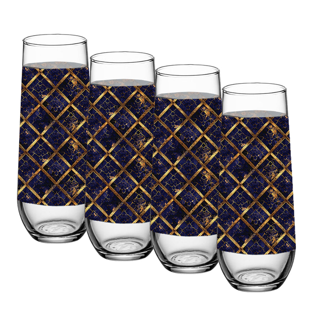Set of four stemless champagne glass with sapphire and gold wrap design on a white background