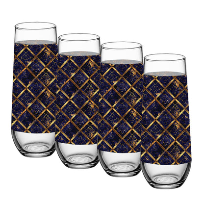 Set of four stemless champagne glass with sapphire and gold wrap design on a white background
