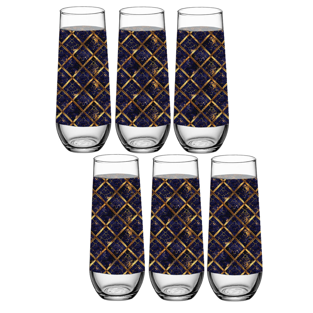 Set of six stemless champagne glasses with sapphire and gold wrap design on a white background