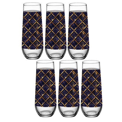 Set of six stemless champagne glasses with sapphire and gold wrap design on a white background
