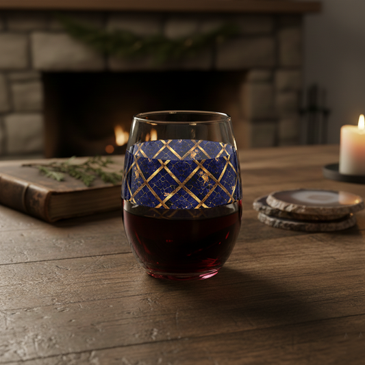 Regal Twilight stemless wine glass with sapphire and gold lattice pattern on a wooden table with a candle and book in the background.