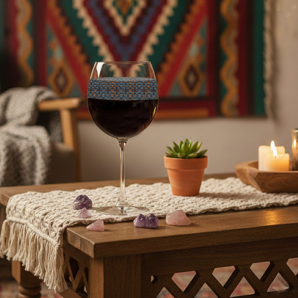 Burnished Slate balloon wine glass with a slate blue and copper design, filled with red wine and on a wooden table with candles and colorful tapestry in the background