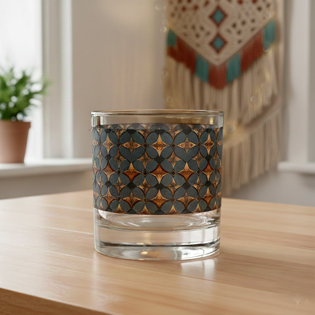 Burnished Slate rocks glass with a slate blue and copper design on a wooden surface
