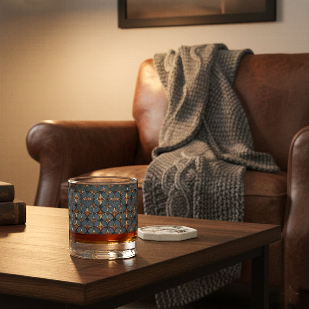 Burnished Slate rocks glass with a slate blue and copper design and filled with a shot of whiskey. It sits on a wooden table with a blanket draped over a brown leather chair.