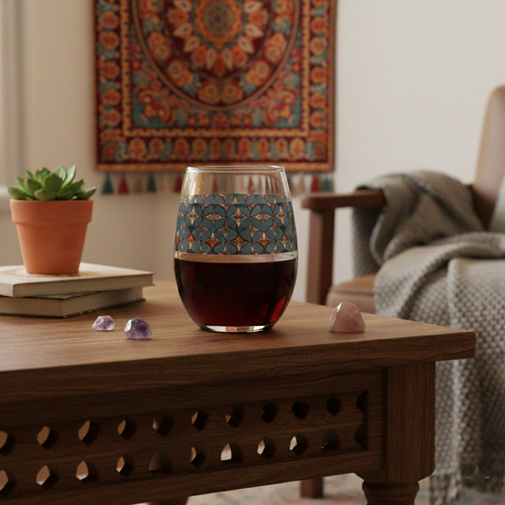 Burnished Slate stemless wine glass with slate blue and copper geometric pattern on a wooden table in a cozy living room.