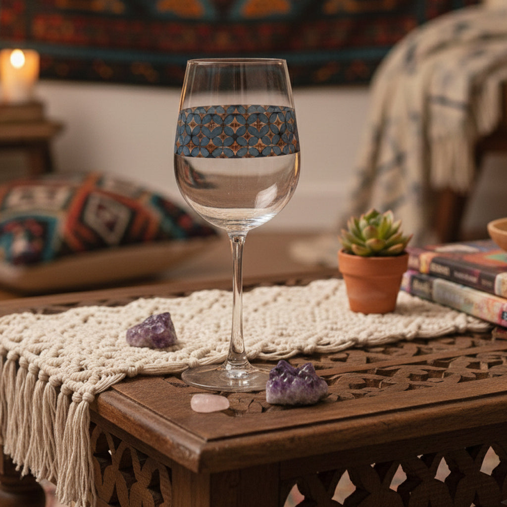 Burnished Slate tall wine glass with slate blue and copper design on a wooden table with crystals and a plant
