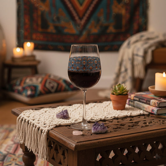 Burnished Slate tall wine glass with slate blue and copper design on a wooden table with candles and decor in the background