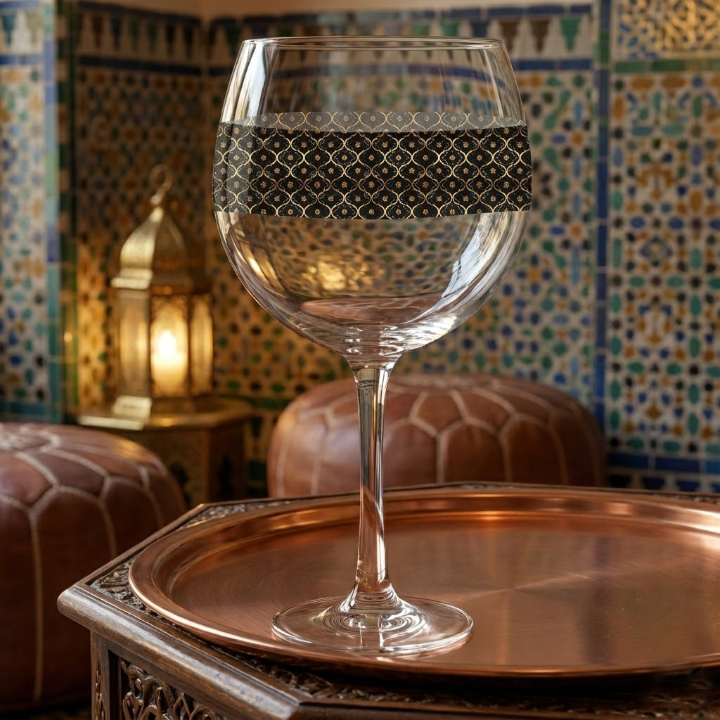 Midnight Marrakech balloon wine glass with a black and gold design and sitting on a metallic tray with a tile wall in the background
