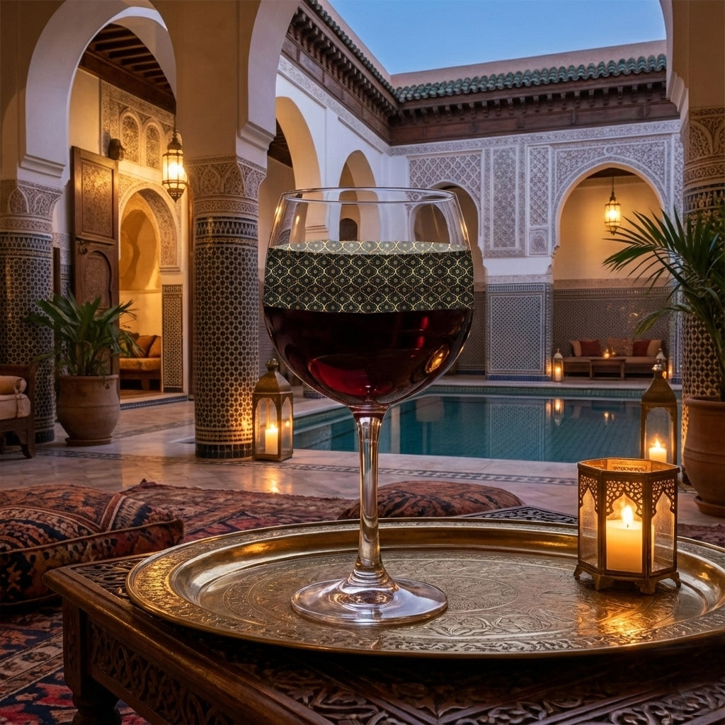 Midnight Marrakech balloon wine glass with a black and gold design and filled with red wine, sitting on a tray with a pool and Moroccan architecture in the background