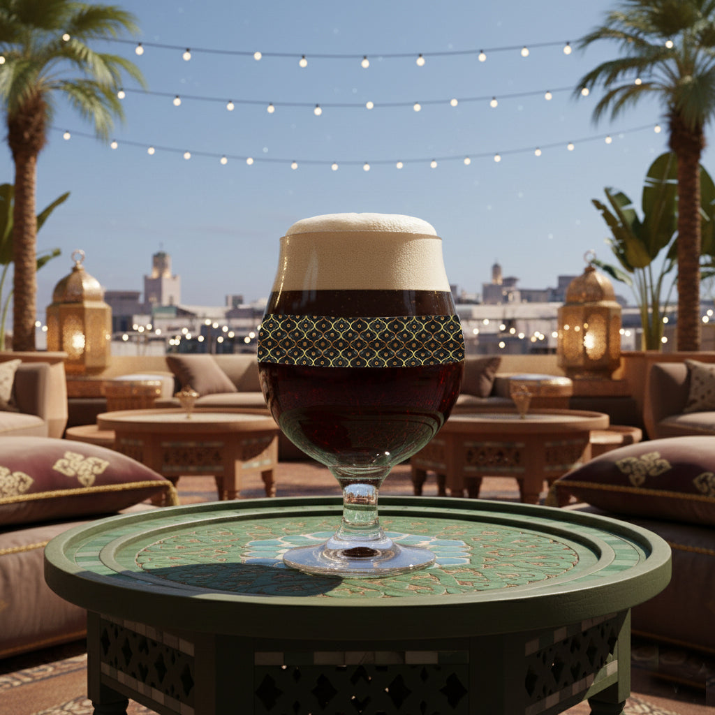 Midnight Marrakech Belgian ber glass with a black and gold design and filled with dark beer and foam, sitting on a Moroccan table in an outdoor setting with palm trees and string lights.