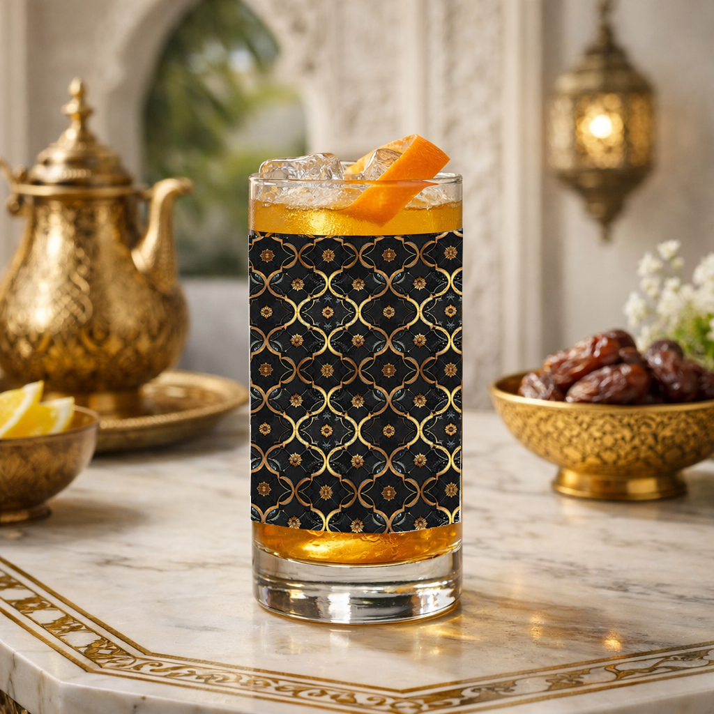 Midnight Marrakech highball glass with a black and gold design on a marble table with a teapot and dates in the background