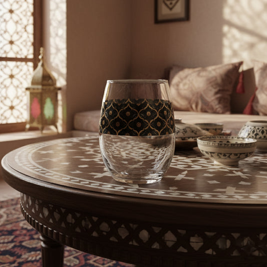 Midnight Marrakech stemless wine glass with a black and gold design, sitting on a Moroccan table with a cozy bohemian room setting
